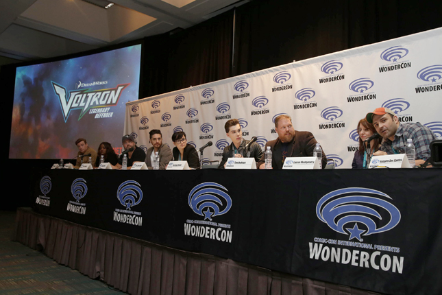 Rhys Darby, Kimberly Brooks, Tyler Labine, Josh Keaton, Bex Taylor-Klaus, Jeremy Shada, Writer Tim Hedrick, Executive Producer Lauren Montgomery and Executive Producer Joaquim Dos Santos seen at DreamWorks Animation "Voltron: Legendary Defender" Wondercon Presentation at Los Angeles Convention Center on Friday, March 25, 2016, in Los Angeles, CA. (Photo by Eric Charbonneau/Invision for DWA/AP Images)